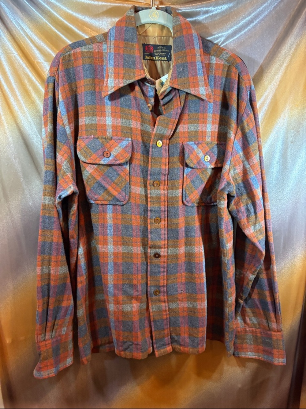 60’s vintage John‎ Kent Men's Orange & Gray Plaid Wool Shirt Wool with holes 152